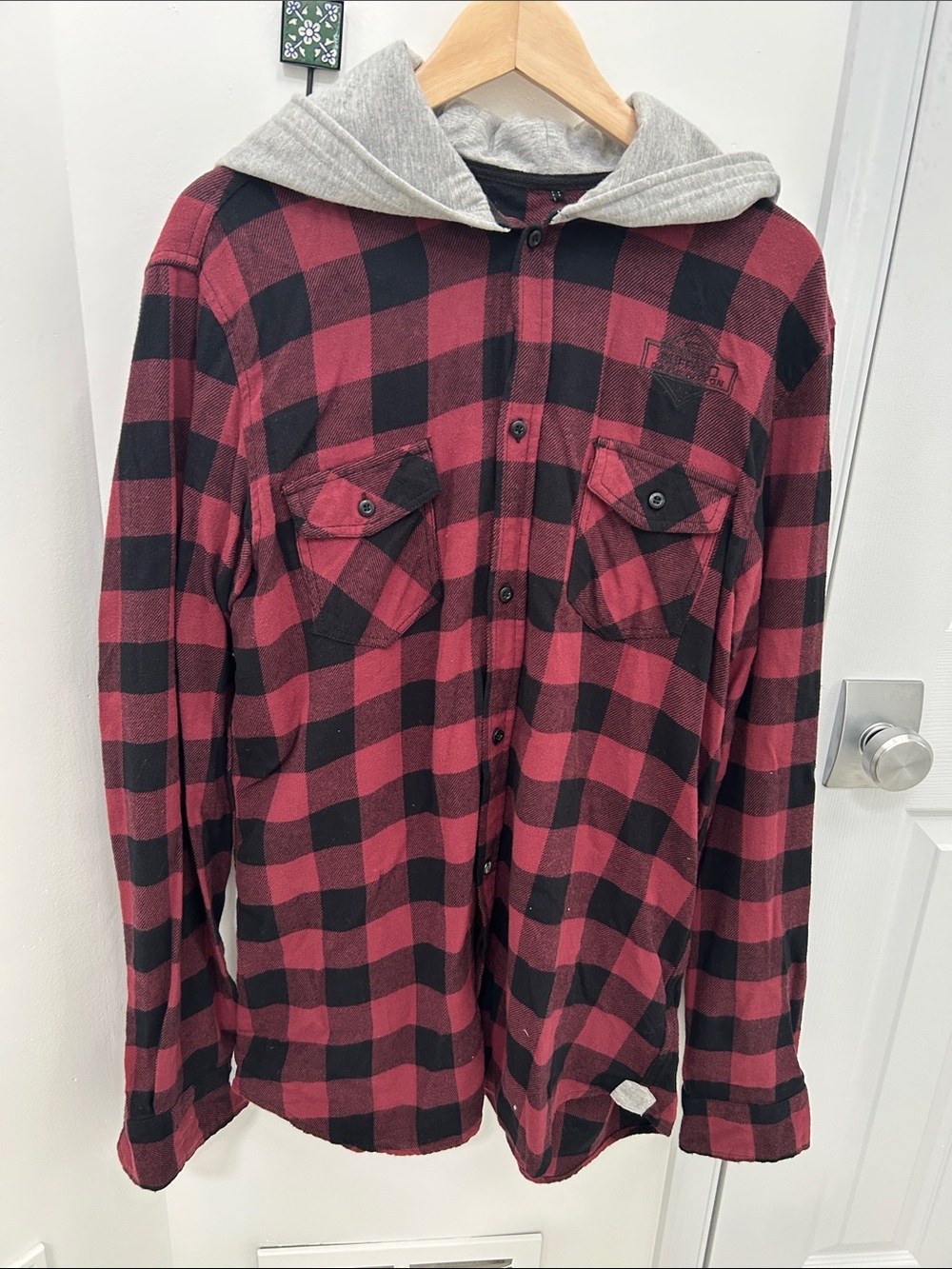 Buffalo David Bitton Red and Black Buffalo Plaid Hooded Button-Down Shirt